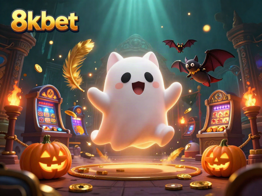 Engage with 8xbet in a vibrant haunted casino scene featuring a ghost cat, vampire bat, and glowing jack-o-lanterns.
