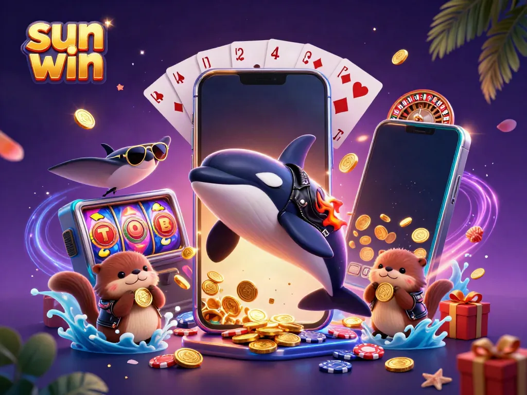 Engage in vibrant gameplay with Sun Win's orca, stingray, and otter characters surrounded by dynamic casino elements.
