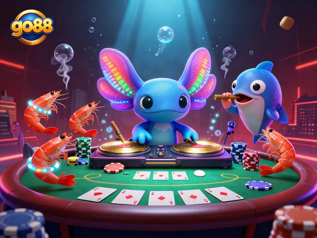 Engage with go88's vibrant casino experience featuring neon axolotl DJ, dynamic poker elements, and colorful casino lights.