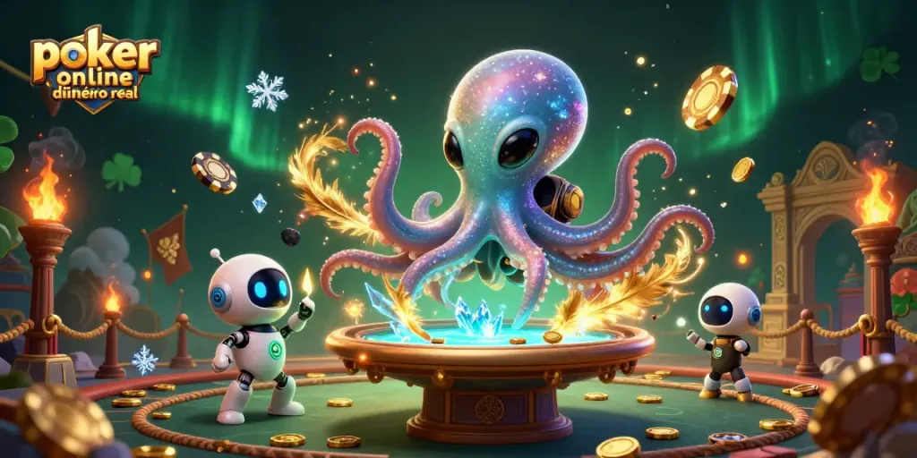 Poker online España dinero real: Un pulpo alienígena juega en una mesa de póker holográfica mientras su compañero robot observa entusiasmado.