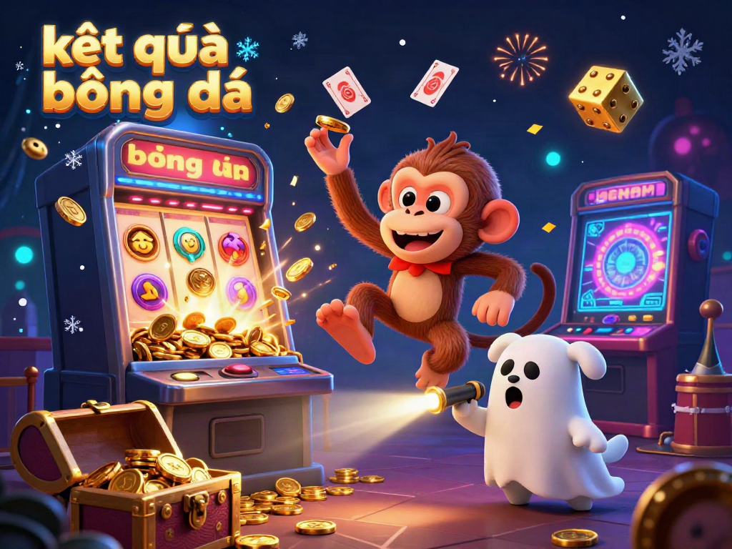 Experience the excitement of kết quả bóng đá with a playful monkey juggling casino treasures in a haunted setting.