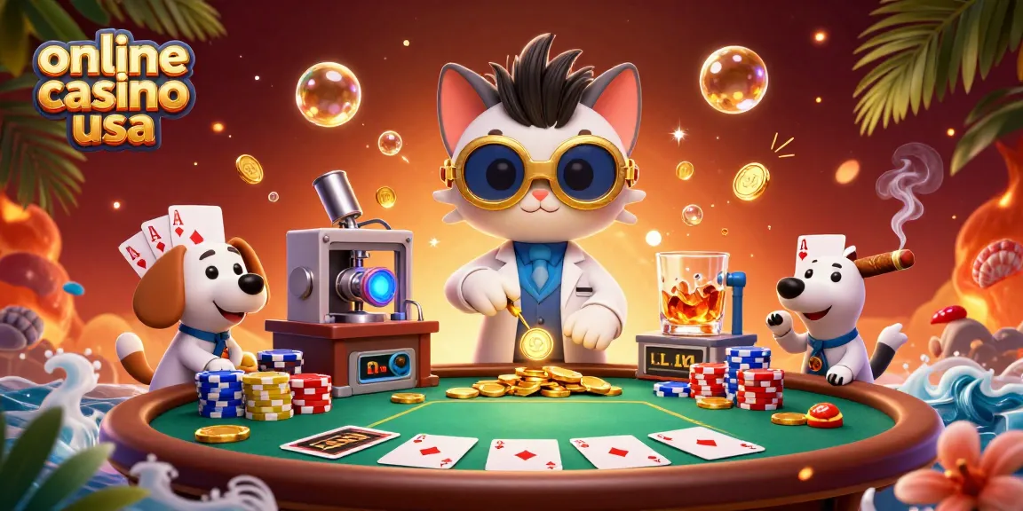 Experience the excitement of an online casino usa with a lively mad scientist cat and dog amid poker action.