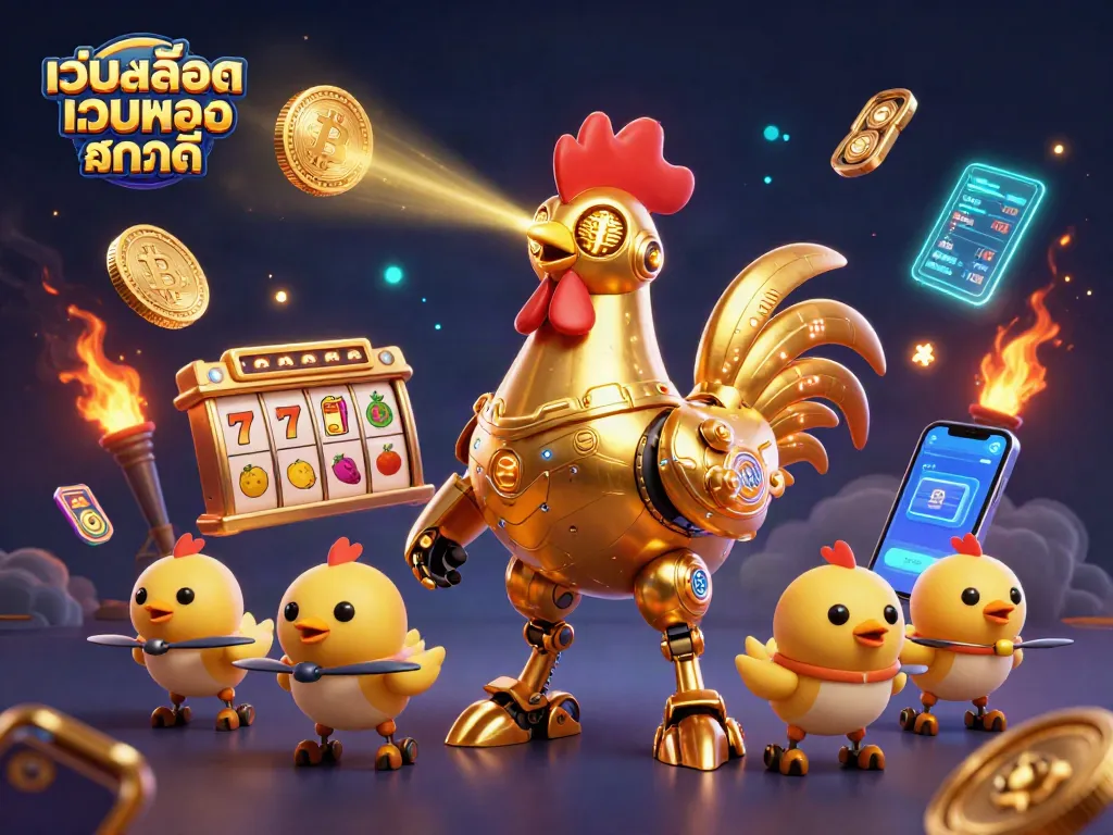 เล่น เว็บสล็อตเว็บตรง แตกดี พร้อมสัญลักษณ์สล็อตและเหรียญดิจิทัลในภาพ 3D