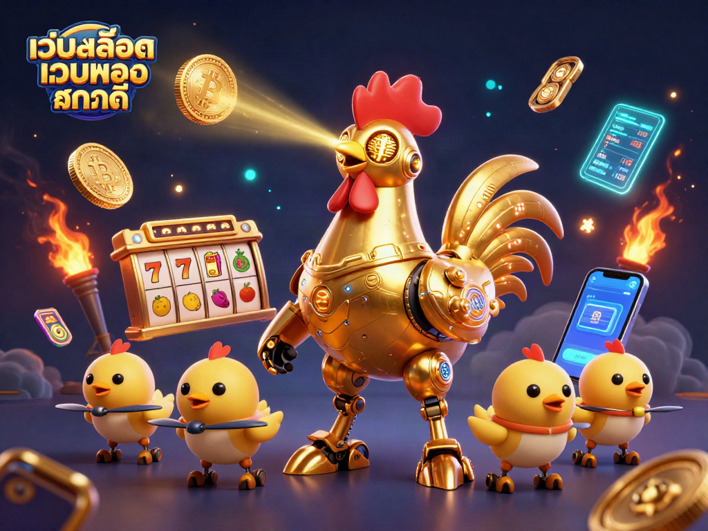 เล่น เว็บสล็อตเว็บตรง แตกดี พร้อมสัญลักษณ์สล็อตและเหรียญดิจิทัลในภาพ 3D