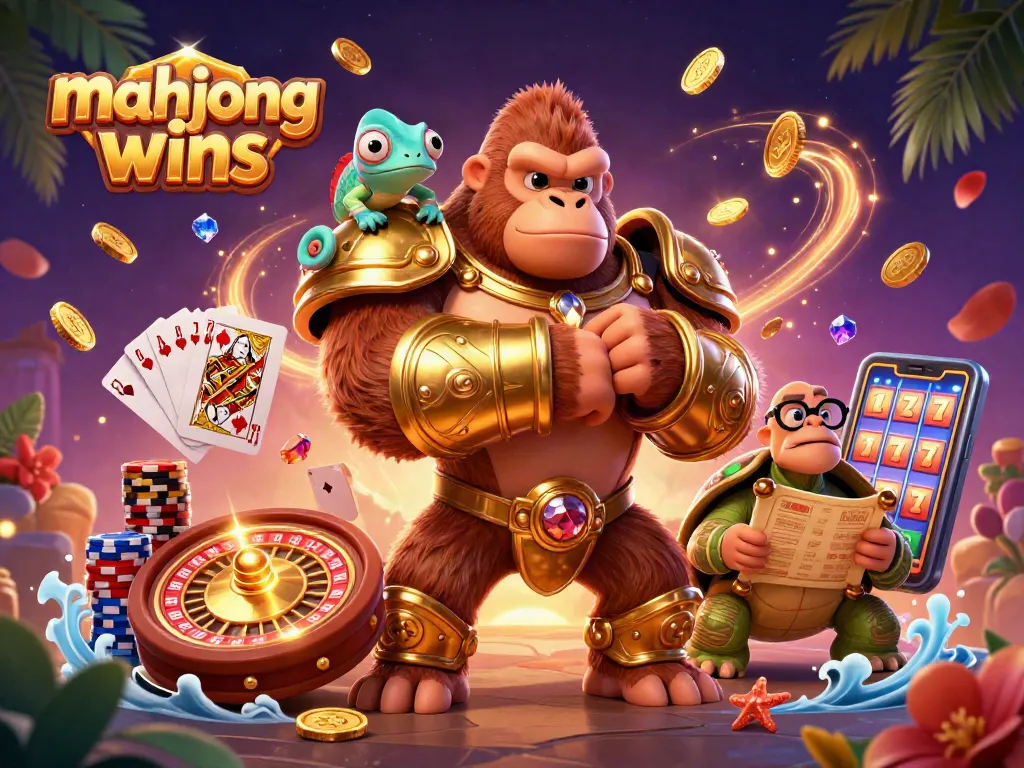 Experience mahjong wins with vibrant gaming characters amid sparkling casino elements.