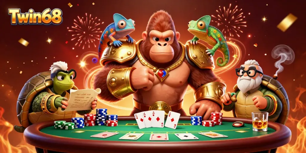 Twin68 presents an energetic casino scene with a gorilla king and friends celebrating at a poker table.
