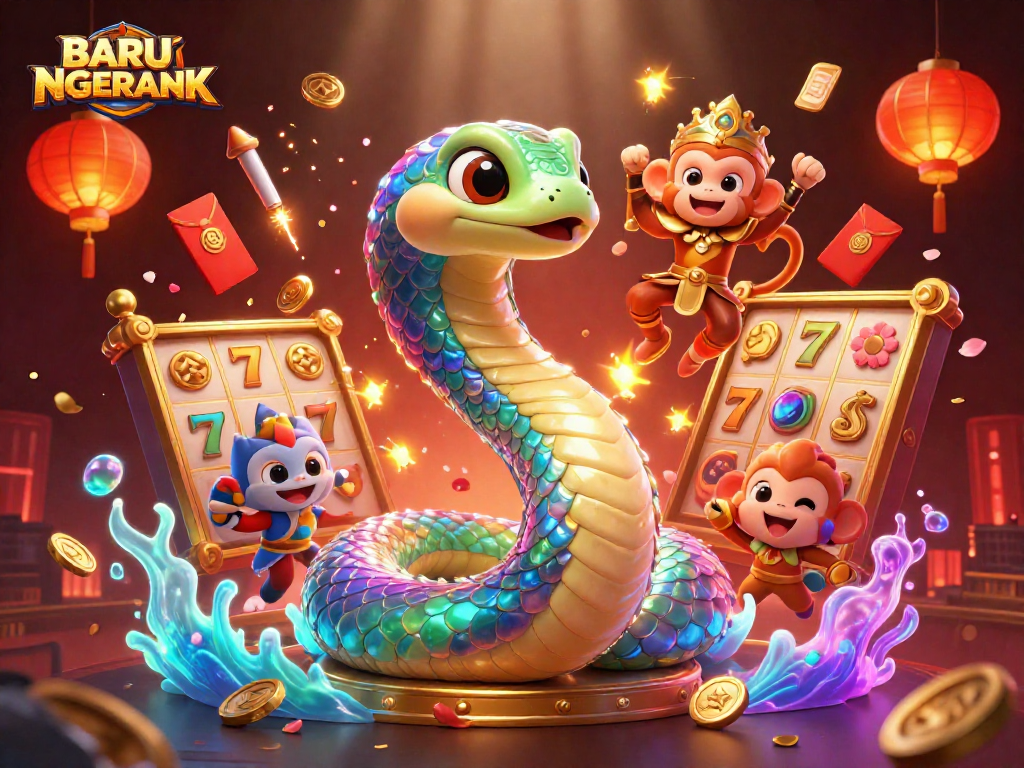 Engage with BARU NGERANK's vibrant slot experience as coins and lucky symbols shine in a cinematic scene.