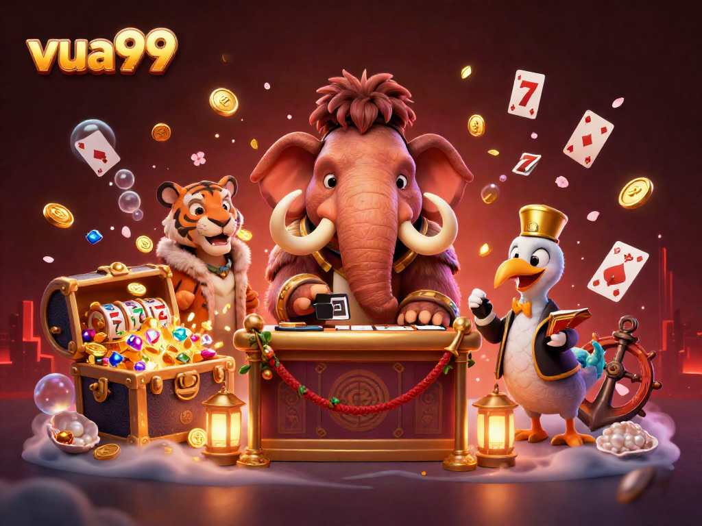 Experience the vibrant energy at vua99 with a cartoon mammoth bouncer, tiger VIP, and dodo doorman in a detailed casino scene.