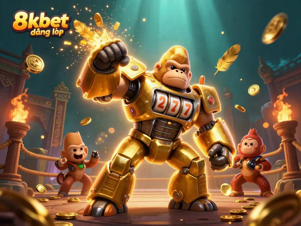 Engage with thrilling action as the golden gorilla mech showcases 8kbet đăng nhập with coins and adventure.