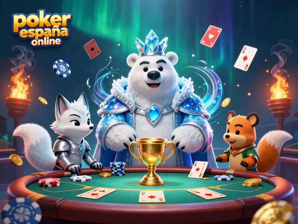 Juega póker españa online en una mesa rodeada de personajes únicos y elementos de casino brillantes.