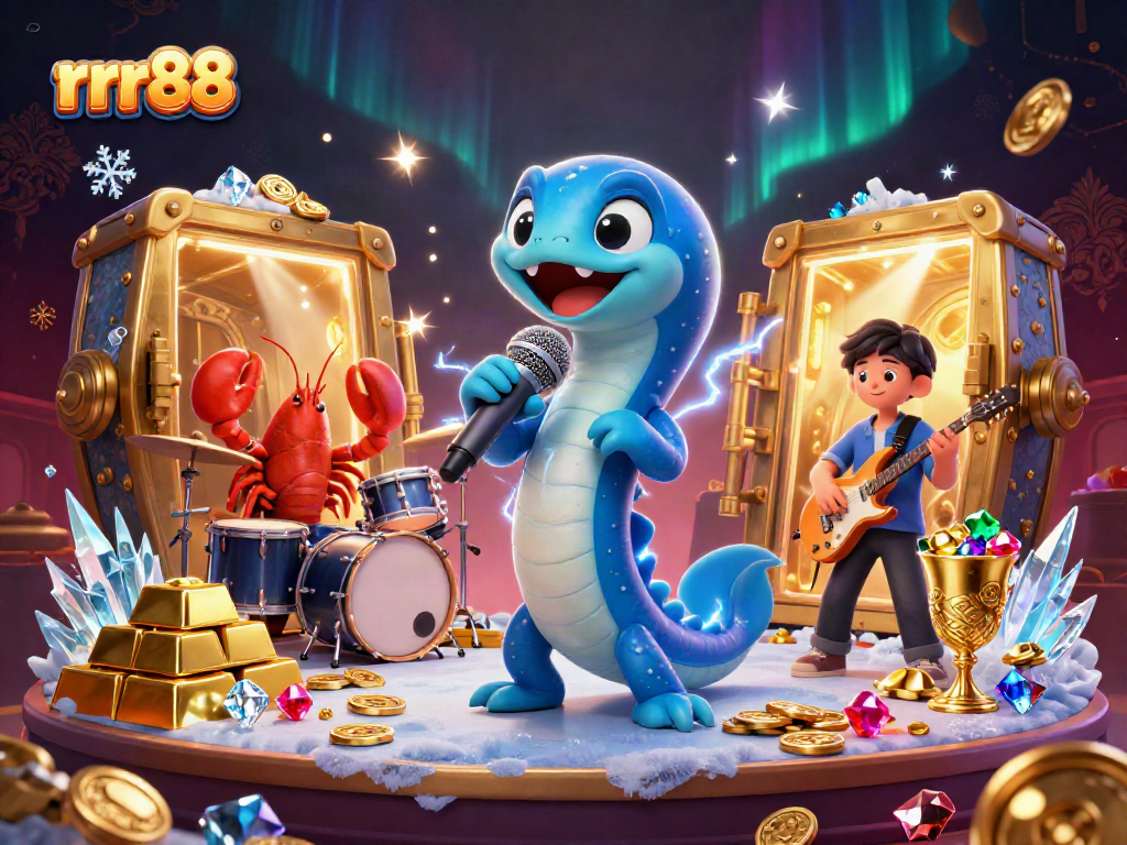 Experience the electrifying music of rrr88 in an underwater casino with vibrant characters and treasure