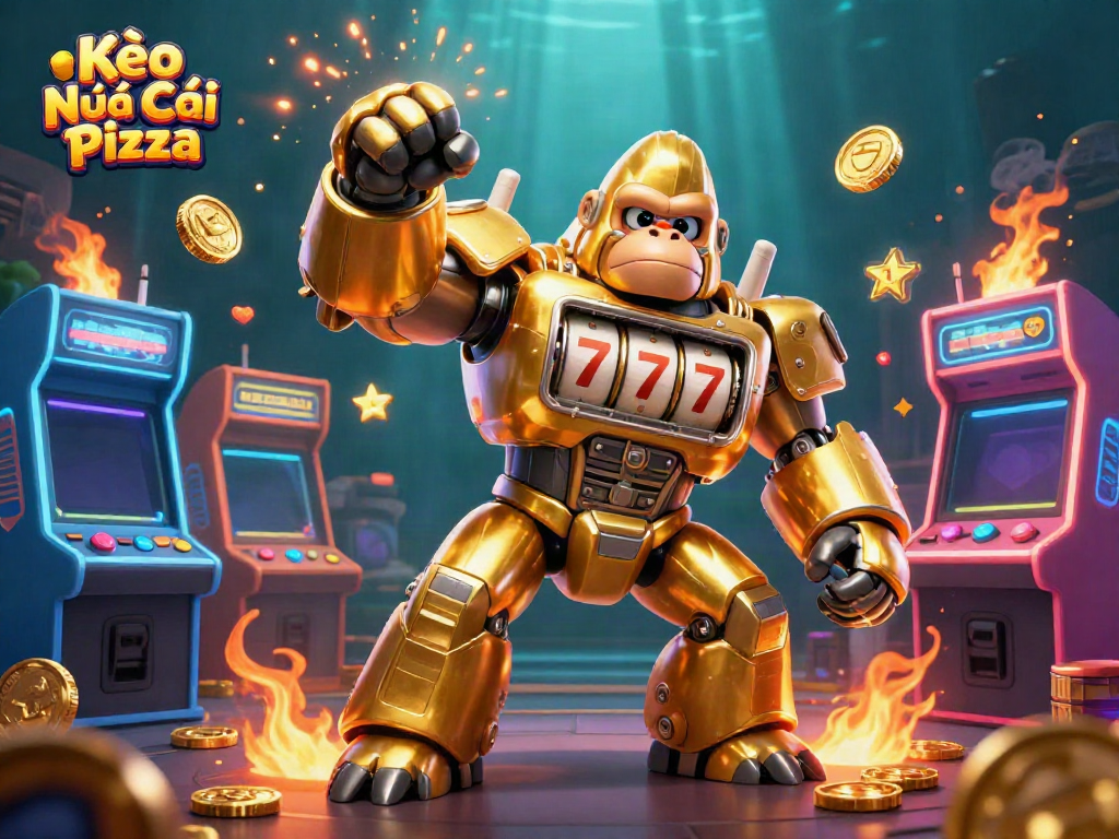 Experience the thrill of gambling with Kèo Nhà Cái Pizza, featuring a dynamic golden gorilla mech and arcade elements.