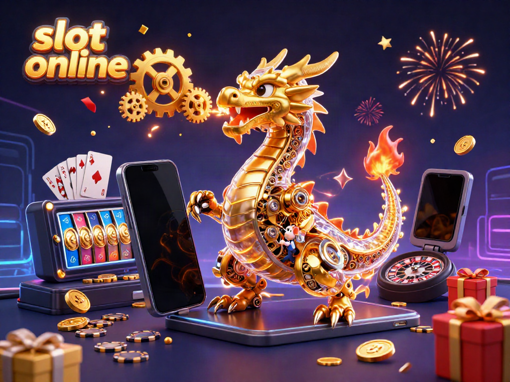 Immerse in thrilling slot online adventures with a 3D golden dragon amidst slot games, cards, and coins.