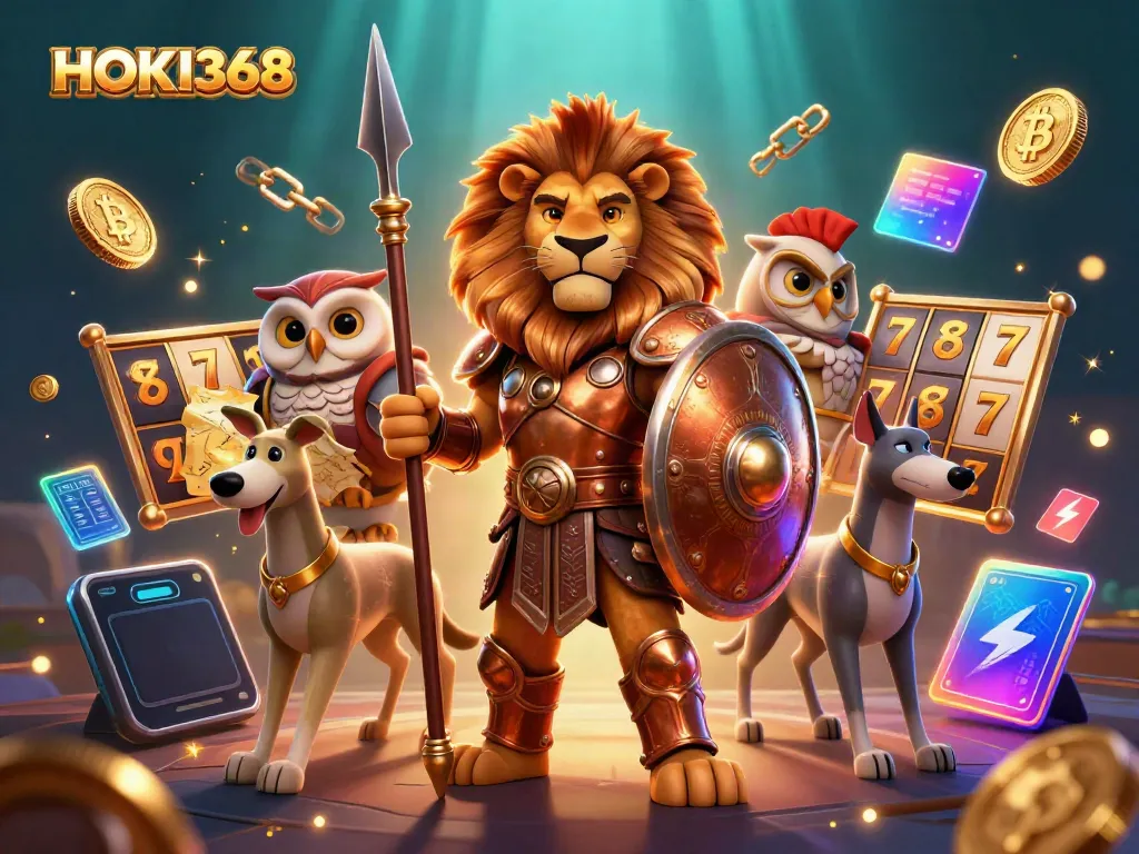 HOKI368 offers thrilling online gaming with an adventurous Spartan lion and tactical owl in a vibrant casino scene.