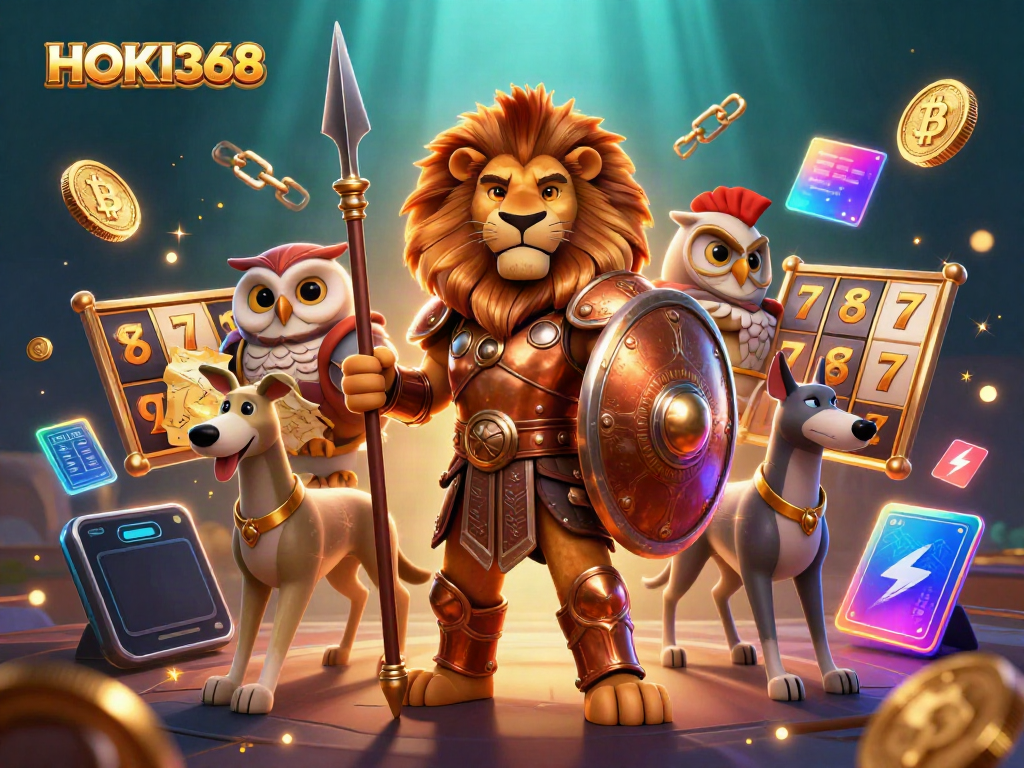 HOKI368 offers thrilling online gaming with an adventurous Spartan lion and tactical owl in a vibrant casino scene.