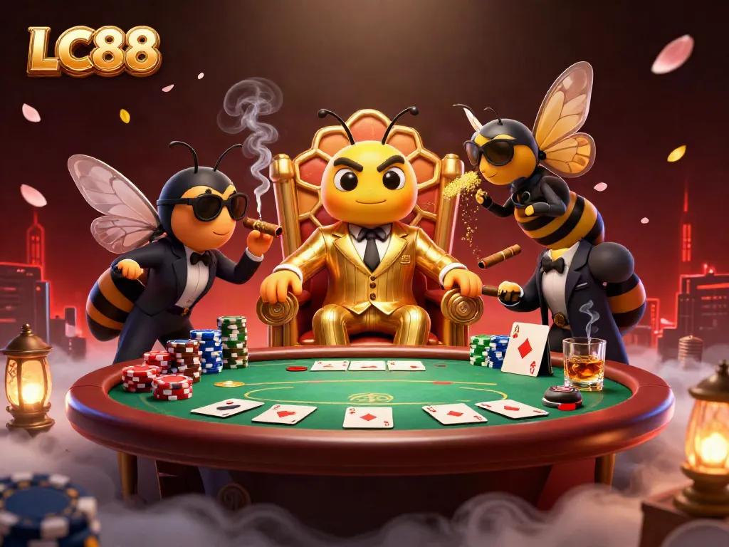 Engage with promotions at LC88 showcasing a 3D cartoon bee mob boss and poker highlights.