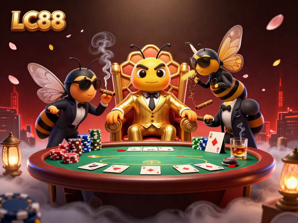 Engage with promotions at LC88 showcasing a 3D cartoon bee mob boss and poker highlights.