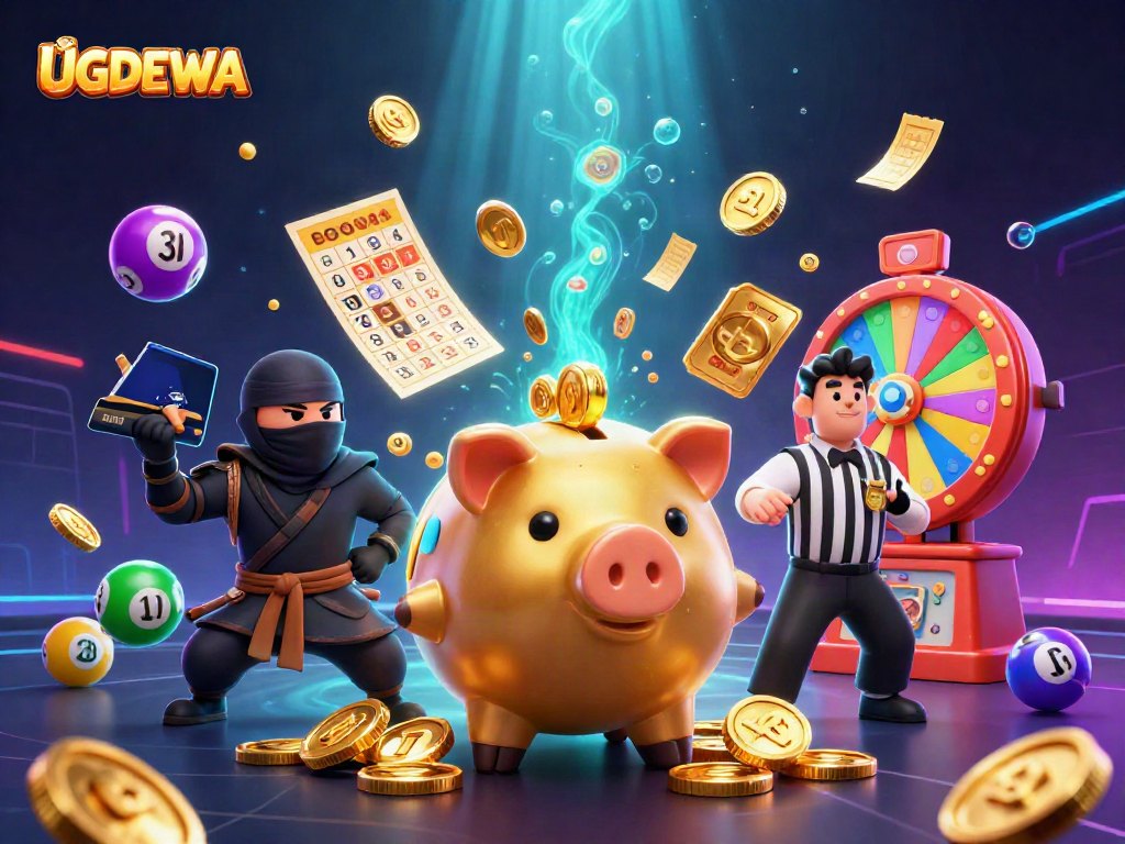 Engaging illustration showcasing UGDEWA's lively gaming scene with a golden piggy bank, ninja, and samurai competing.