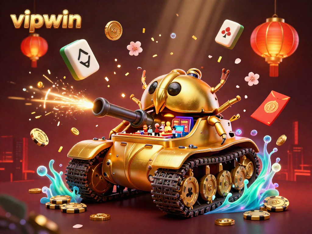 Experience the thrill of vipwin with a detailed casino scene inside a golden beetle tank, surrounded by festive game elements.