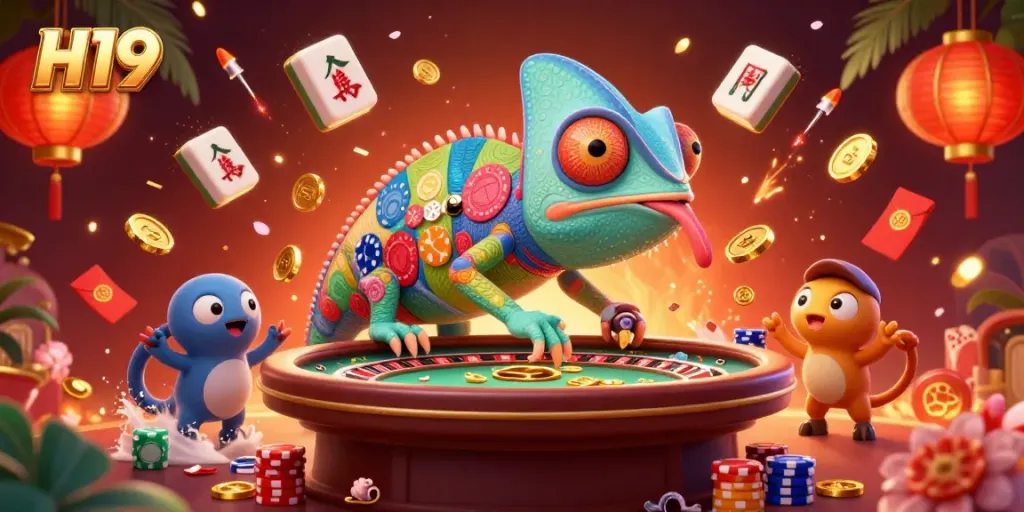 Play engaging games with H19 casino, featuring vibrant chameleon and festive decorations.