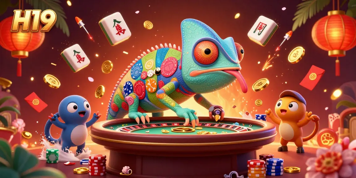 Play engaging games with H19 casino, featuring vibrant chameleon and festive decorations.