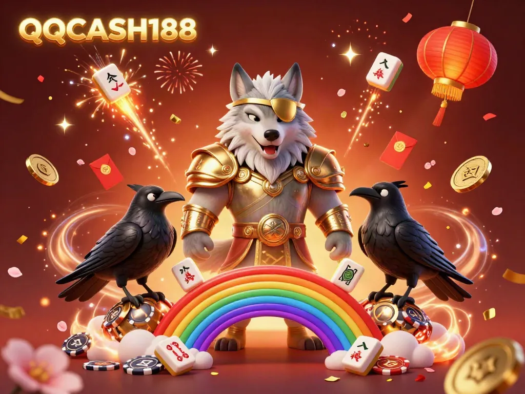 Immerse in the exciting world of QQCASH188 as Odin and his ravens celebrate among vibrant symbols of fortune.