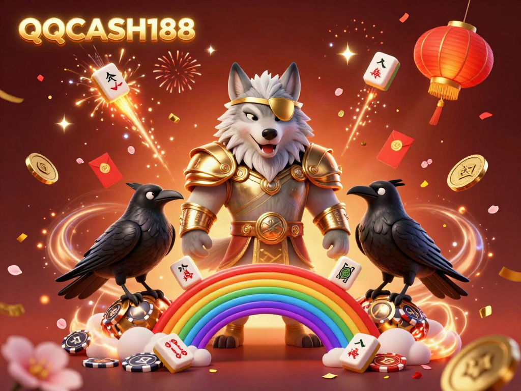 Immerse in the exciting world of QQCASH188 as Odin and his ravens celebrate among vibrant symbols of fortune.
