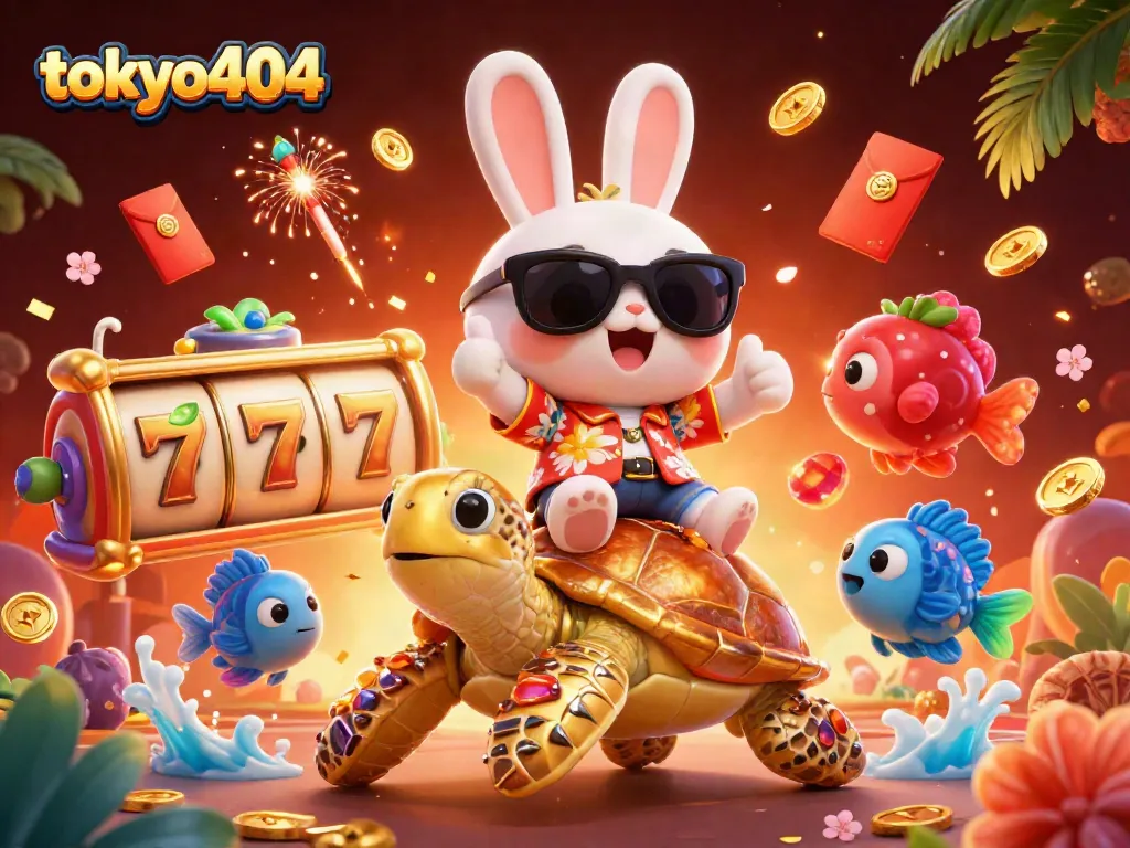 Join tokyo404's thrilling slots adventure with a lucky rabbit and sea turtle in this vibrant casino scene.