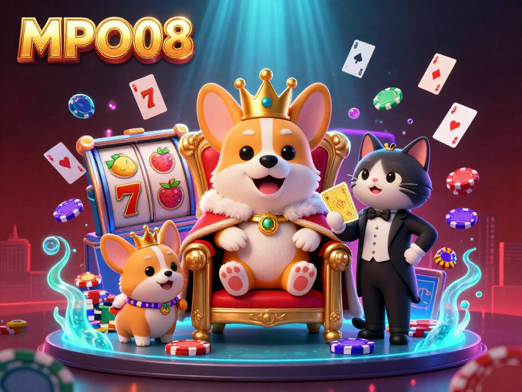 MPO08 engages players with vivid slot reels and a royal corgi throne scene, showcasing excitement in gaming.