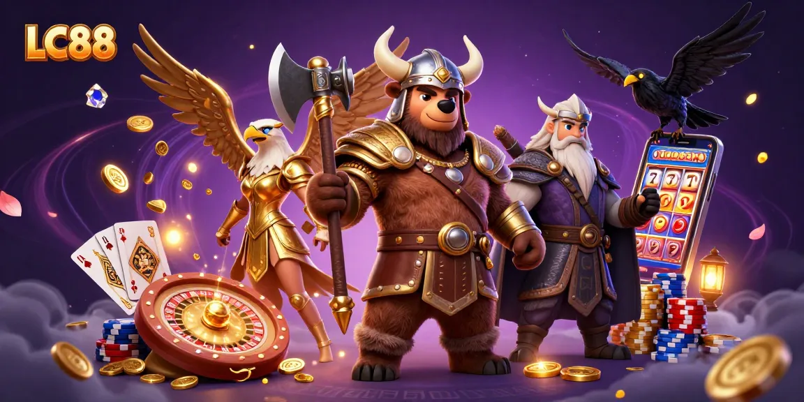 Join the excitement with LC88, illustrated by a Viking bear and Valkyrie amidst casino treasures.