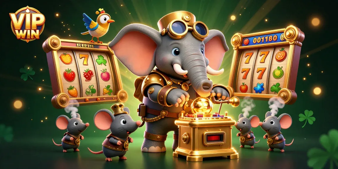 Experience VIPWIN with a whimsical steampunk elephant at a golden slot machine amidst exhilarating casino elements.