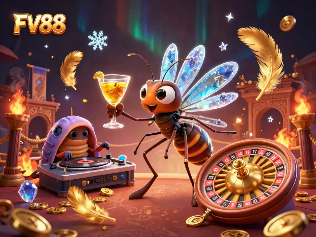 Experience exciting gaming with FV88, blending casino thrills and vibrant characters in a lively 3D scene.