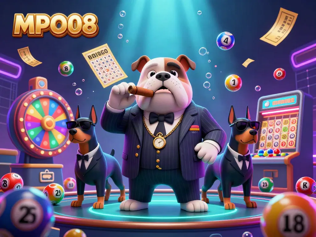 MPO08 casino-themed illustration of a mafia bulldog and Dobermans amidst bouncing lottery balls.