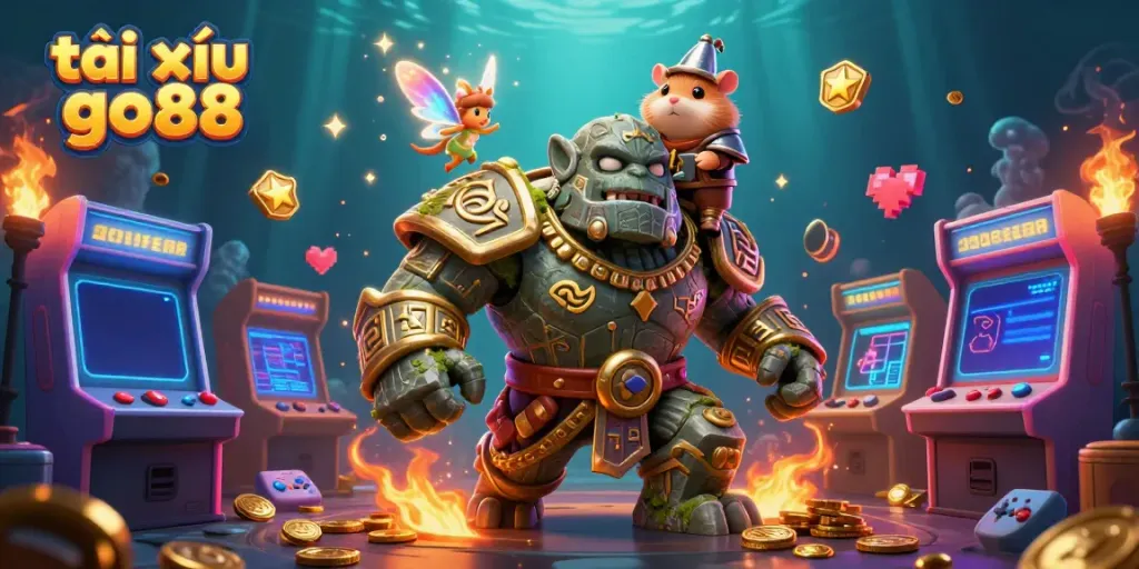 Engage with tài xỉu go88 in a vibrant gambling universe, featuring magical characters and lively arcade elements.
