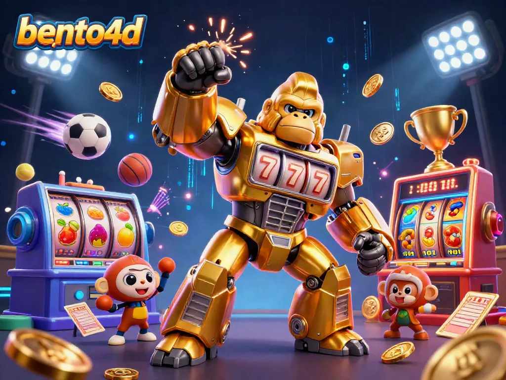 Engage with bento4d's vibrant gaming scene featuring a golden gorilla mech and slot machine elements.