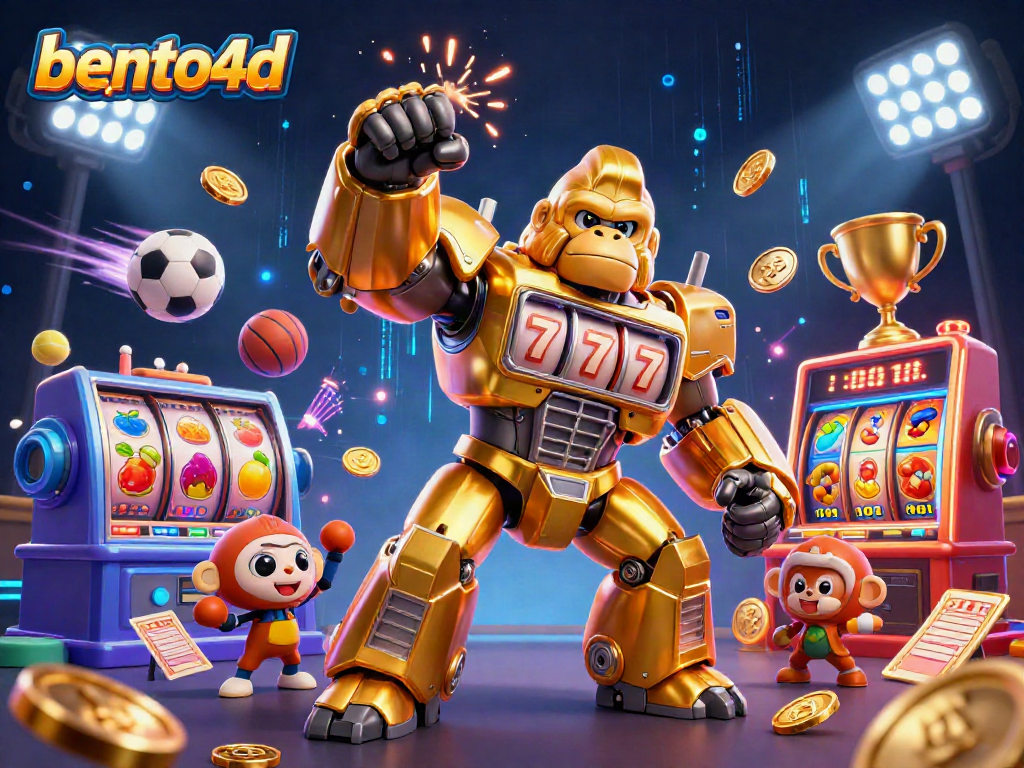 Engage with bento4d's vibrant gaming scene featuring a golden gorilla mech and slot machine elements.