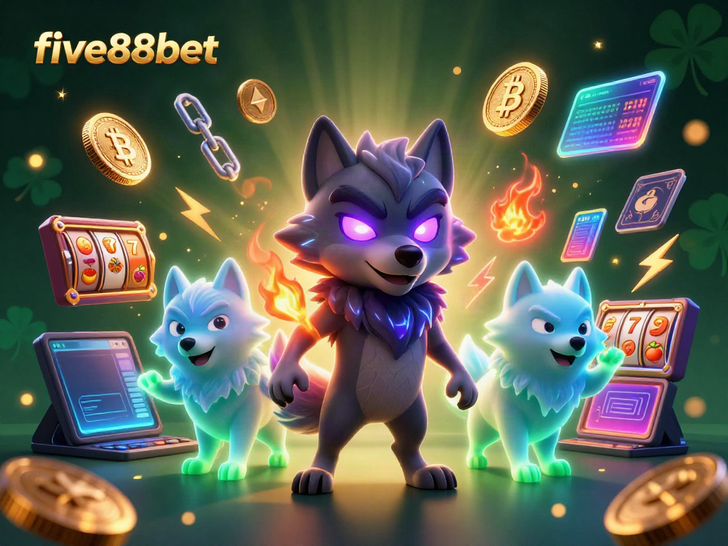 Engage with five88bet's thrilling crypto casino experience featuring a dynamic wolf pack and vibrant jackpot elements.