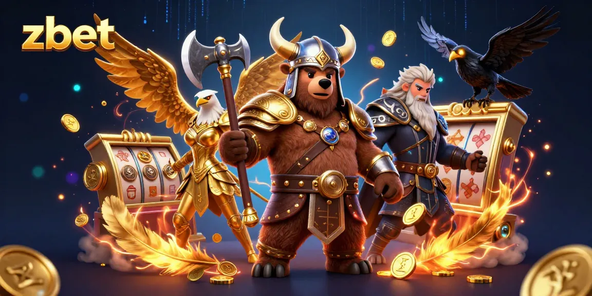 Join the excitement at zbet with a dynamic Viking and Valkyrie amidst swirling golden coins and slot reels.