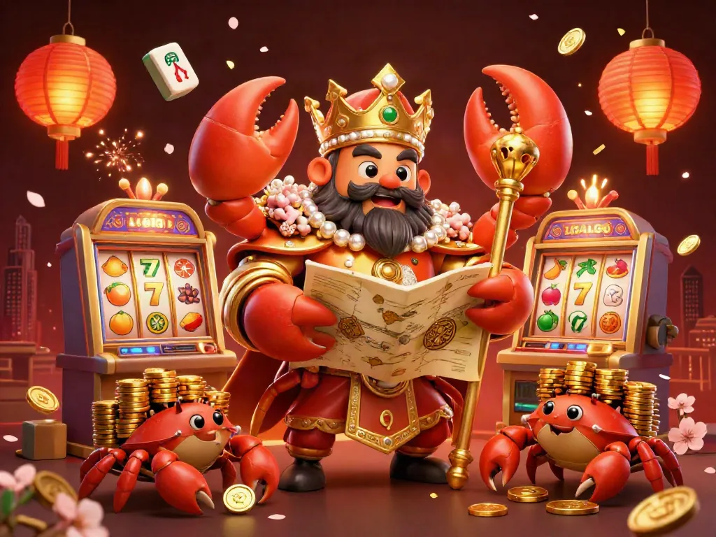 Engage with LIGALGO’s vibrant 3D casino world featuring a golden crab emperor, slot machines, and festive elements.