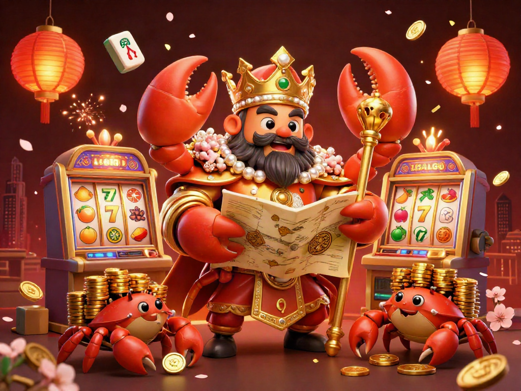 Engage with LIGALGO’s vibrant 3D casino world featuring a golden crab emperor, slot machines, and festive elements.