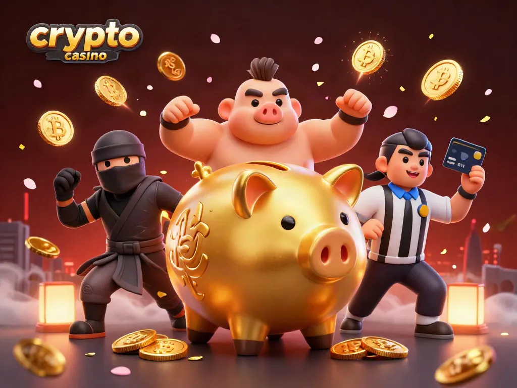 Giocatori di crypto casino si sfidano in un'illustrazione vivace tra monete di Bitcoin e Ethereum.