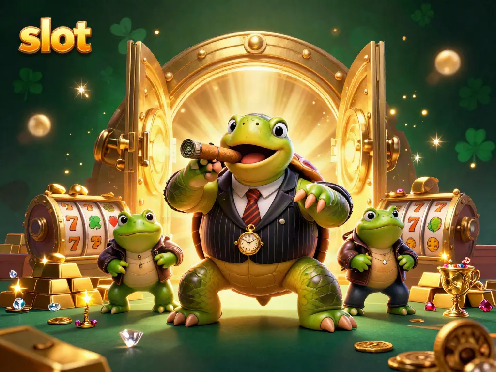 Tour a thrilling slot machine scene featuring a turtle in a card shark suit and gold treasures.