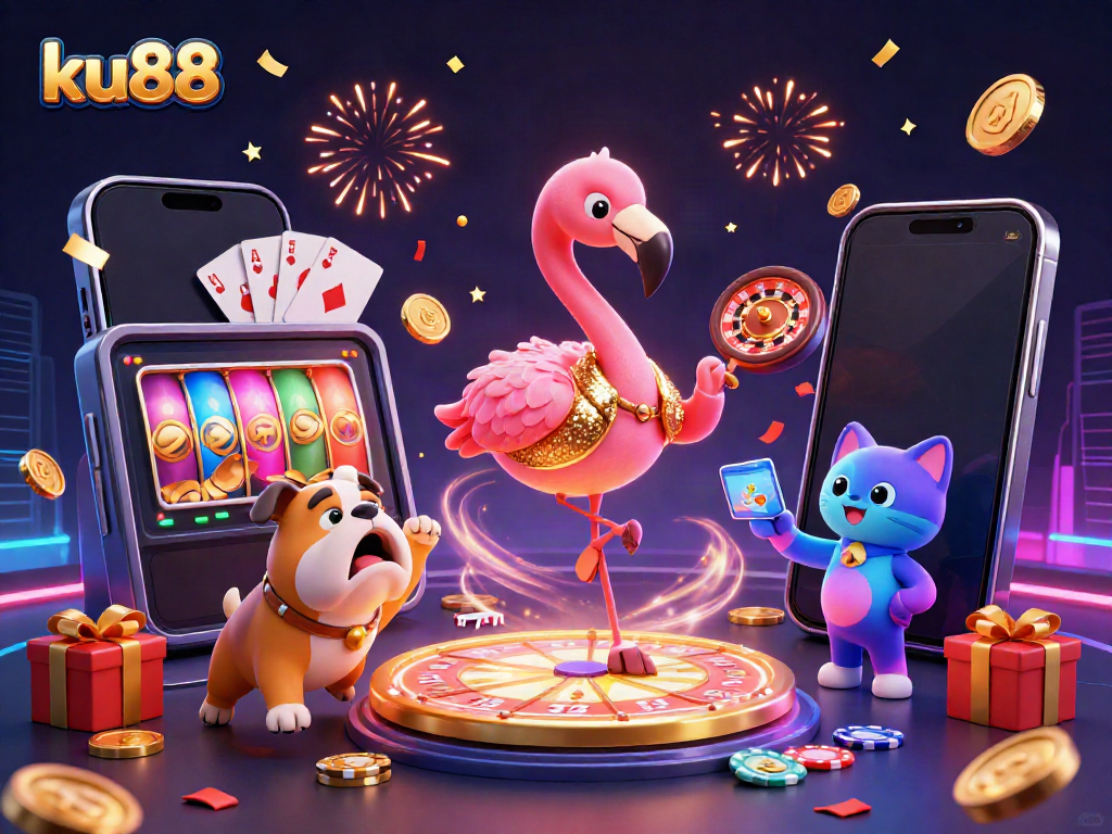 ku88 engages players with vibrant casino-themed fun featuring a game show host, bulldog, and prize elements.