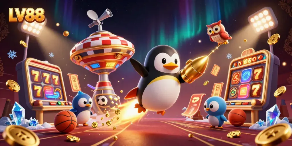 Experience the excitement of LV88 with a golden penguin soaring towards a poker chip space station amidst dynamic casino elements.