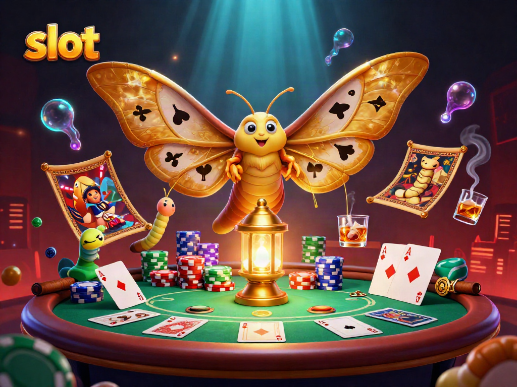 Experience thrilling slot gameplay with colorful poker scenes and a majestic moth in an engaging casino illustration.