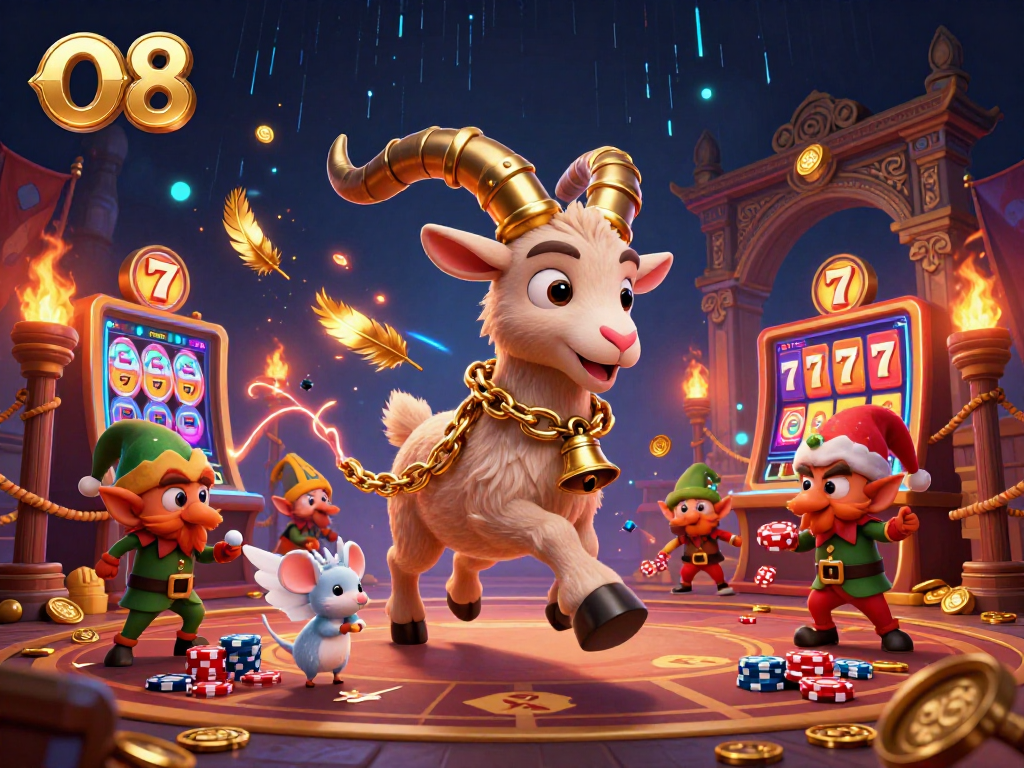 Experience O8’s dynamic casino scene with Krampus and playful characters in a festive atmosphere.