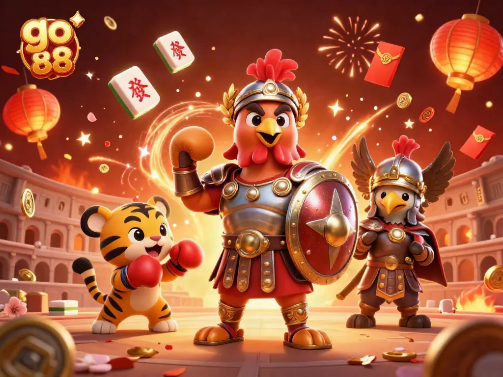 Chơi game đổi thưởng tại go 88 với hình ảnh sống động của một đấu sĩ gà và nhiều biểu tượng may mắn.