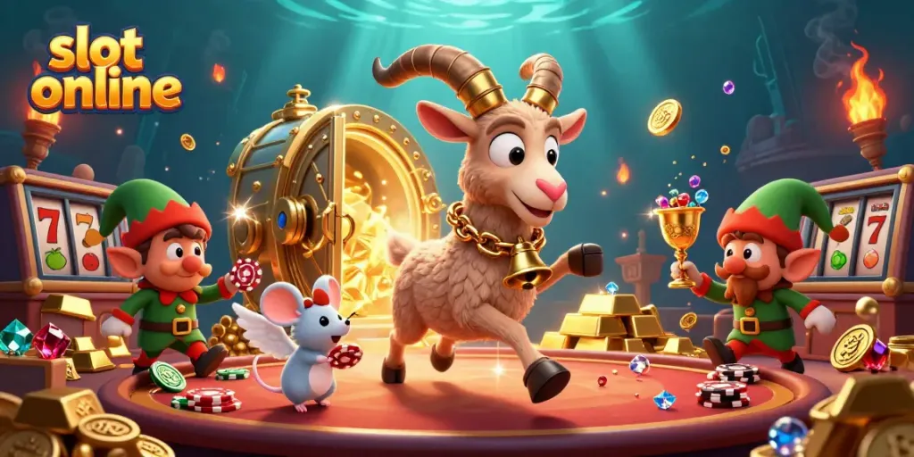 Engage with vibrant slot online action as Krampus leads a chaotic casino scene with gold treasures and playful elves.