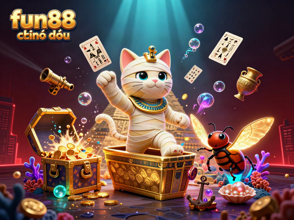Engage with fun88 chính thức in this vibrant 3D casino scene featuring a cheerful Egyptian mummy cat and treasures.
