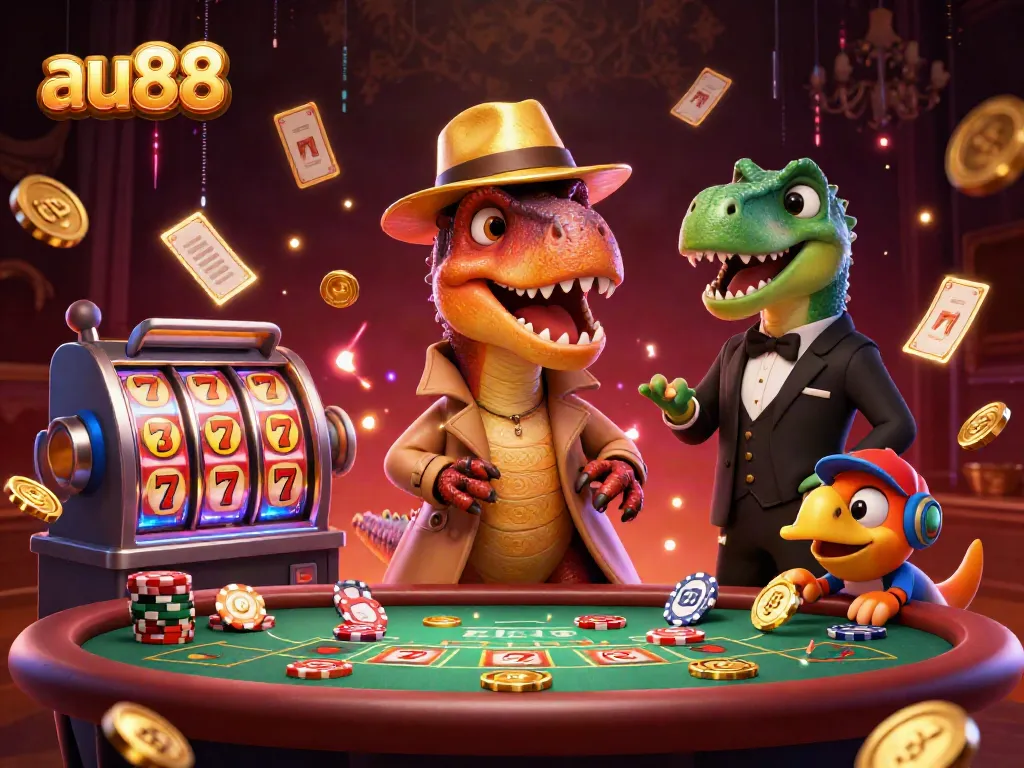 Watch the lively scene of a velociraptor at the blackjack table in au88, featuring exciting casino elements.
